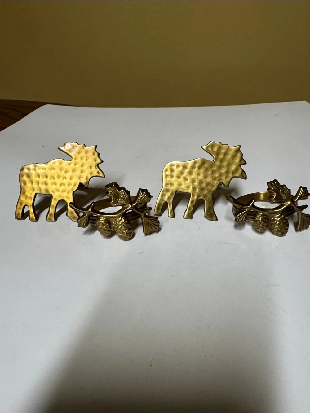 brass moose and pinecone and branch napkin rings set of 4